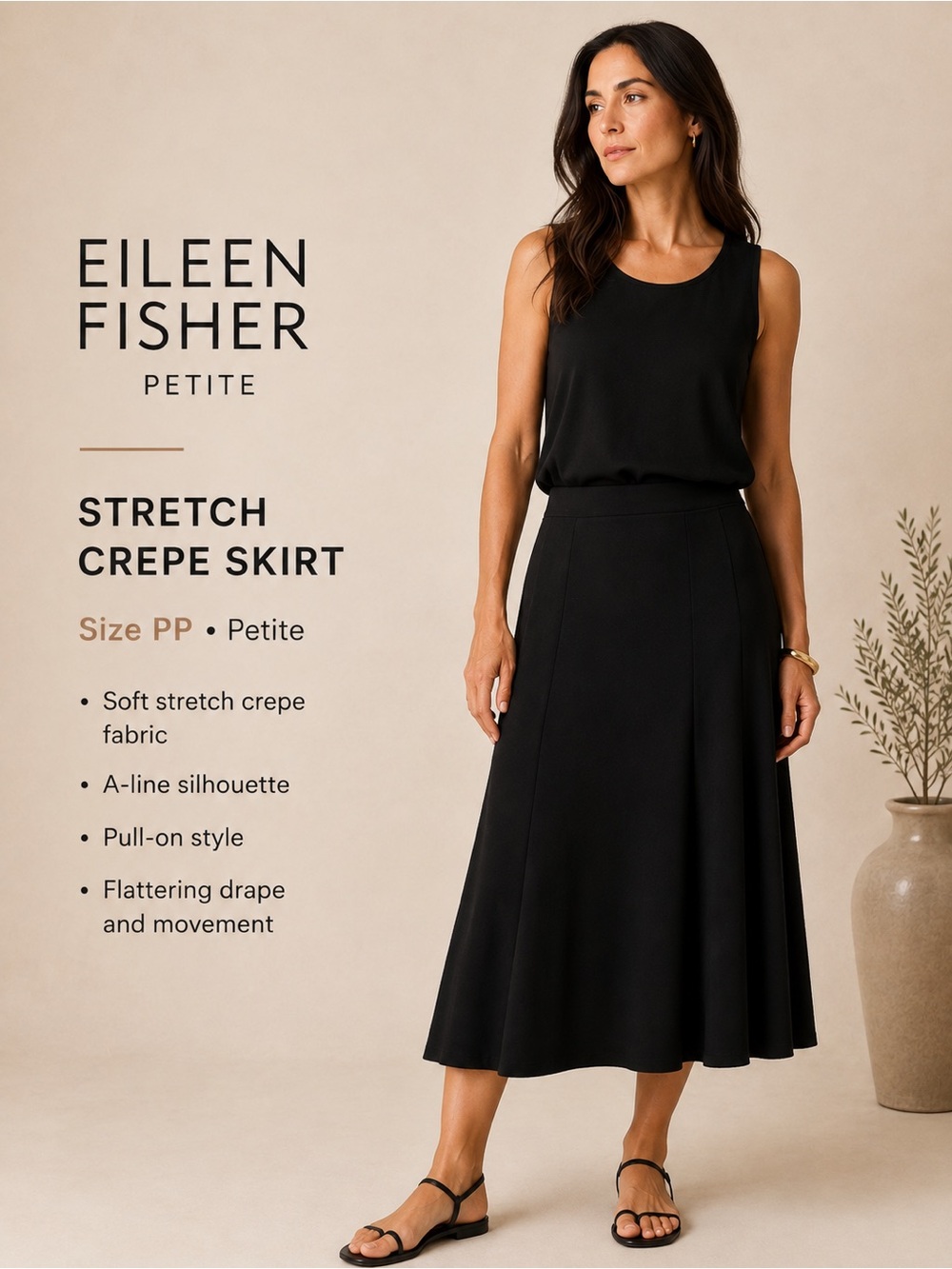 Eileen Fisher Petite Stretch Crepe A-Line Midi Skirt Black PP XXS Petite